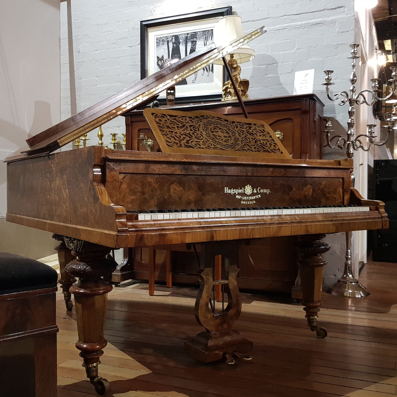 Hagspiel baby grand piano, in a burr walnut case, for sale