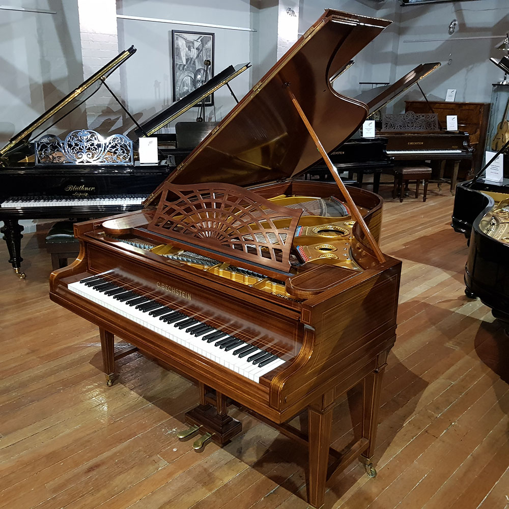 Used Bechstein Model B grand piano, Sheraton inlay detailing, for sale.